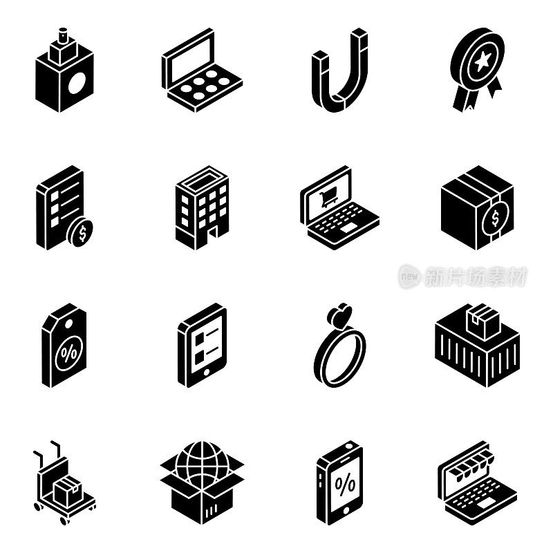 E Shopping and Logistic Delivery Solid Isometric Icons